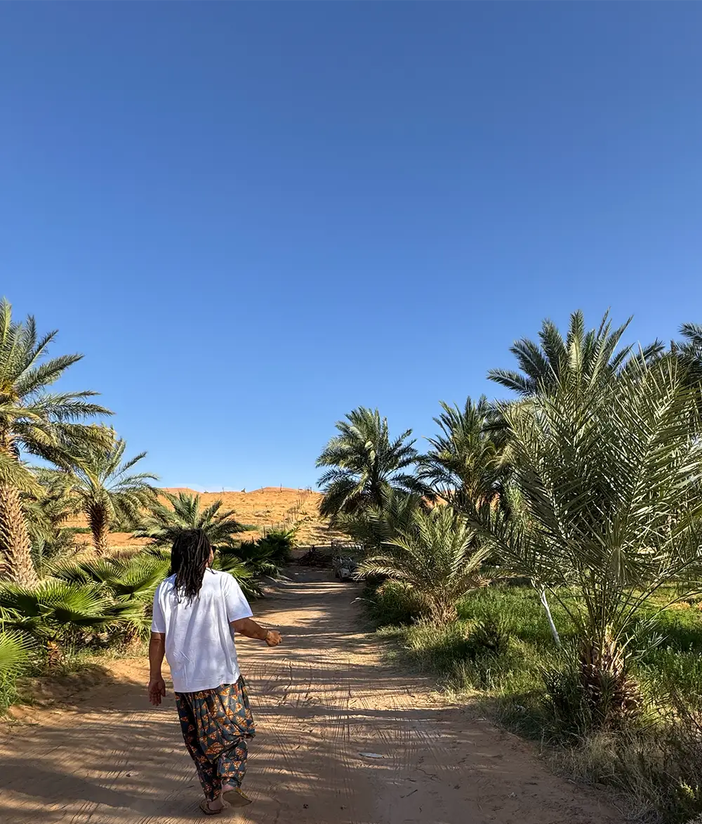 Oasis blue sky. A man with dreads is walking with his back turned.